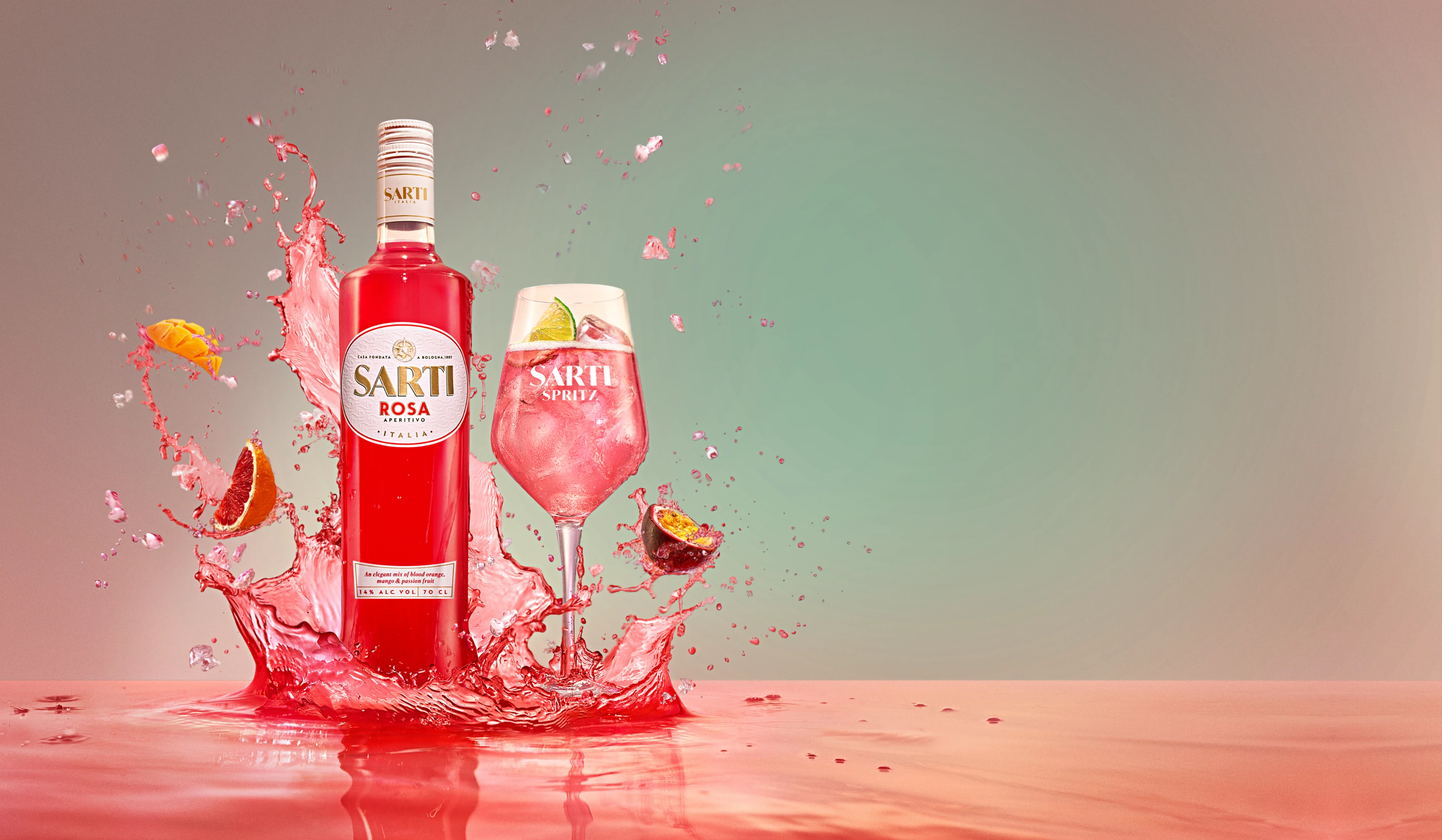 Sarti Spritz signature bottle and cocktail glass